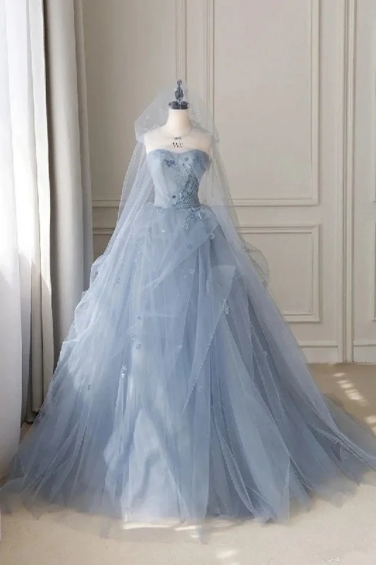 floral dressDusty Blue Sweetheart A-Line Strapless Tulle Party Gown