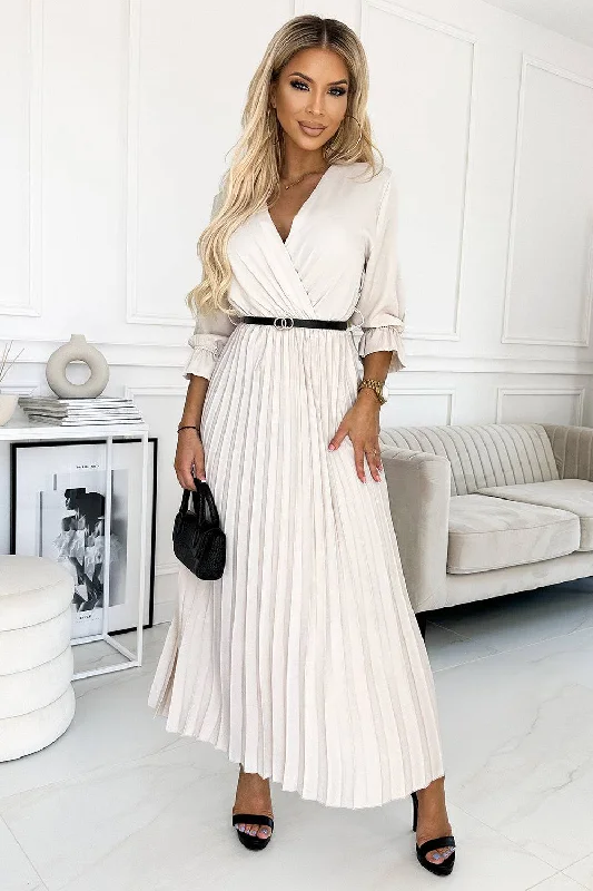 one-shoulder dressNumoco Basic 462-1 SERENA Pleated maxi dress with a neckline, belt and 3/4 sleeves - beige