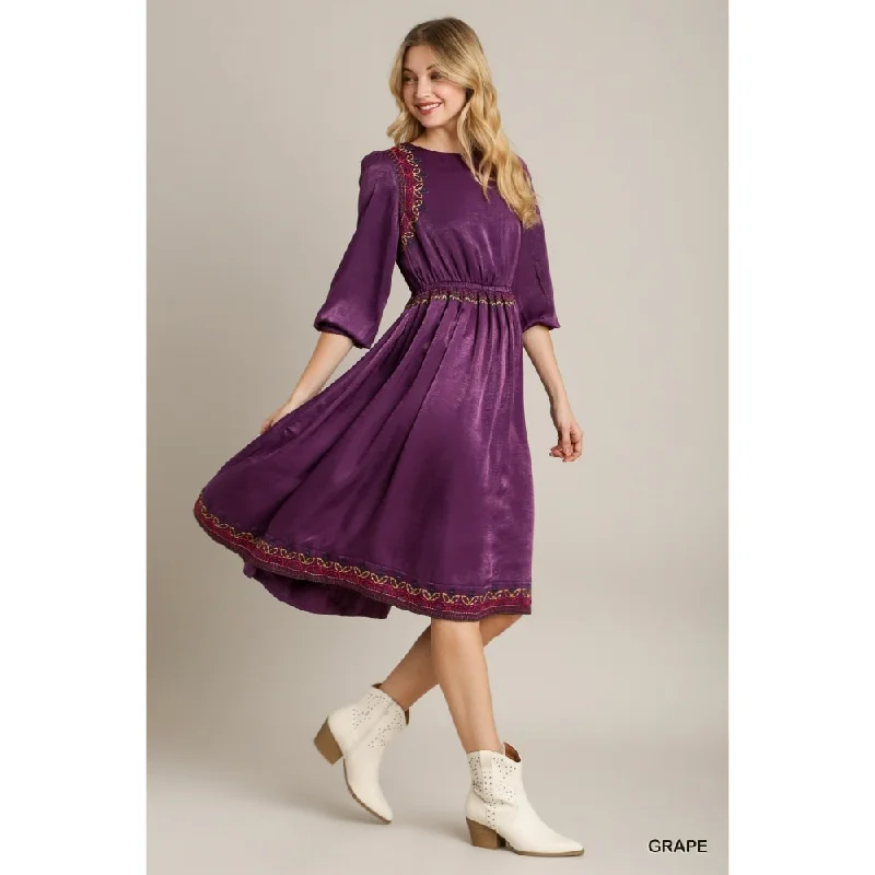 relaxed fit dressSatin Round Neck Embroidery Midi Dress with Elastic Waistband