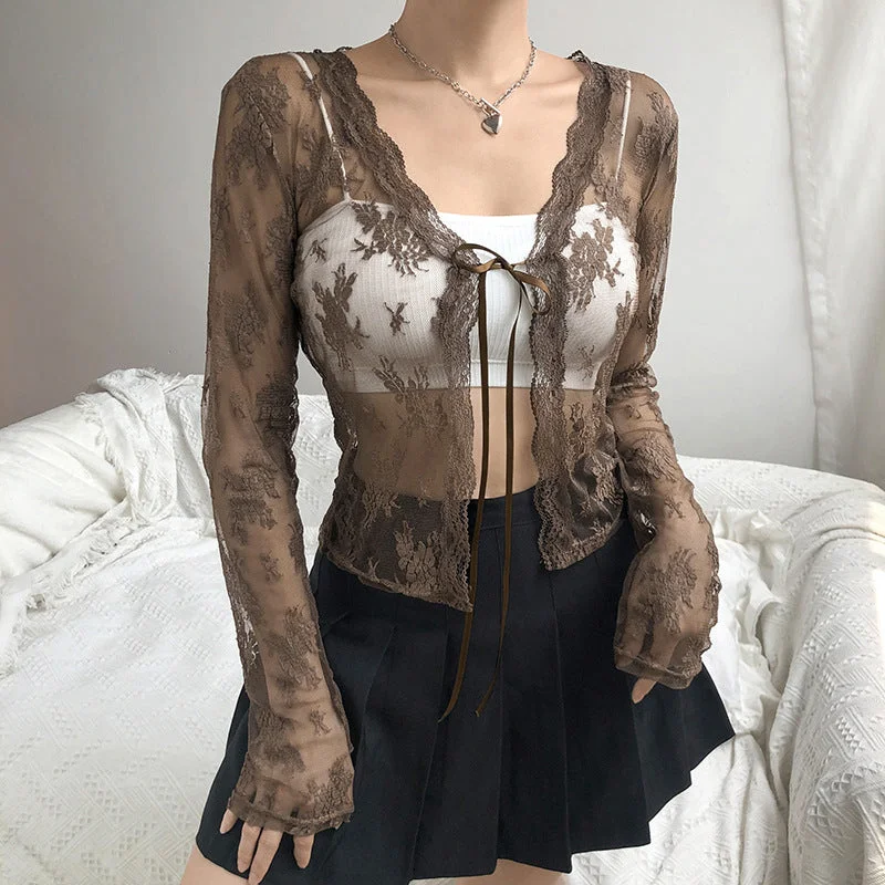 trendy puffer coatWomen Sexy See Through Long Sleeve Lace Mesh Vintage Tie Up Floral Crop Tops Cardigans    S2509