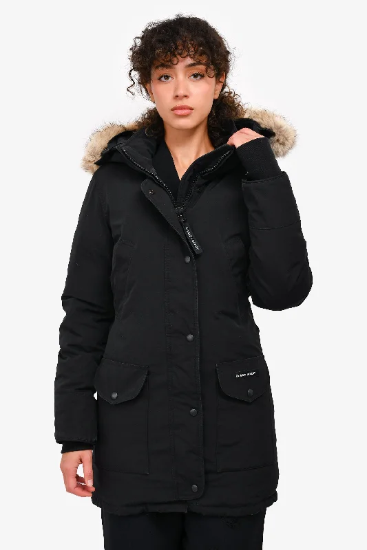 casual trench coatCanada Goose Black Down Puffer Jacket with Fur Hood Size XS