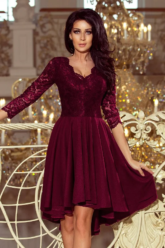 elegant evening dressNumoco 210-13 NICOLLE - dress with longer back with lace neckline - plum