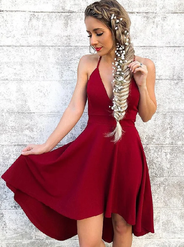 summer floral dressSpaghetti Straps V-neck Burgundy High Low Prom Homecoming Dress OM300