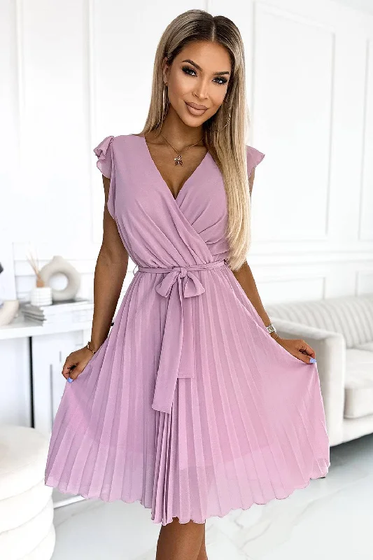 office dressNumoco 374-3 POLINA Pleated dress with a neckline and frills - dirty pink