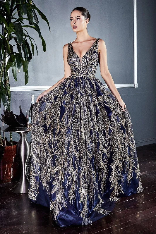 fitted dressFloral Glitter Print Appliqué V-neck Pointy Open Back Bodice Long Prom & Ball Dress CDJ812