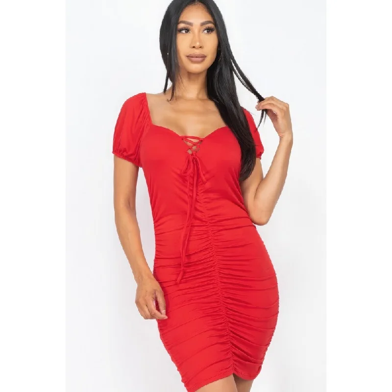 relaxed fit dressFront Lace Up Lightweight Ruched Mini Dress Perfect for Day-to-Night Wear