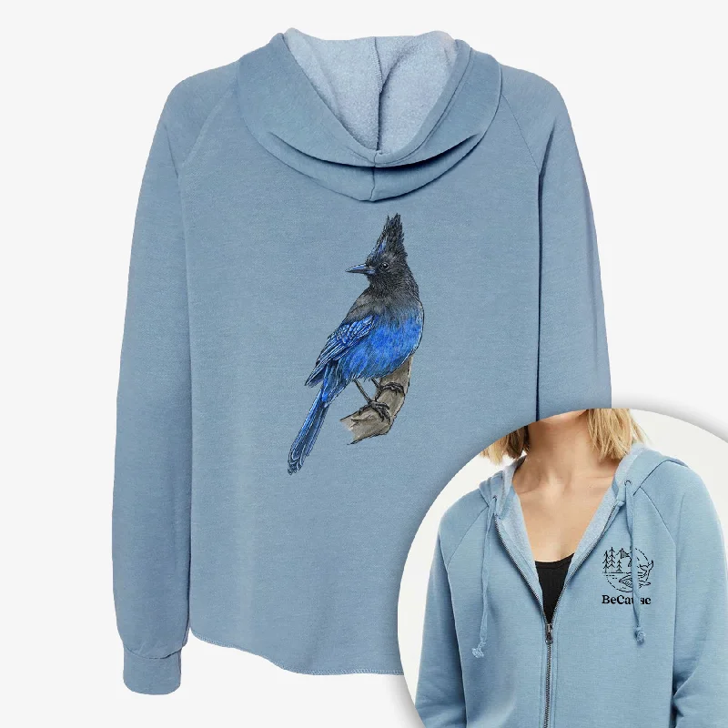 workout style hoodieVibrant Coastal Steller's Jay - Cyanocitta stelleri - Women's Cali Wave Zip-Up Sweatshirt