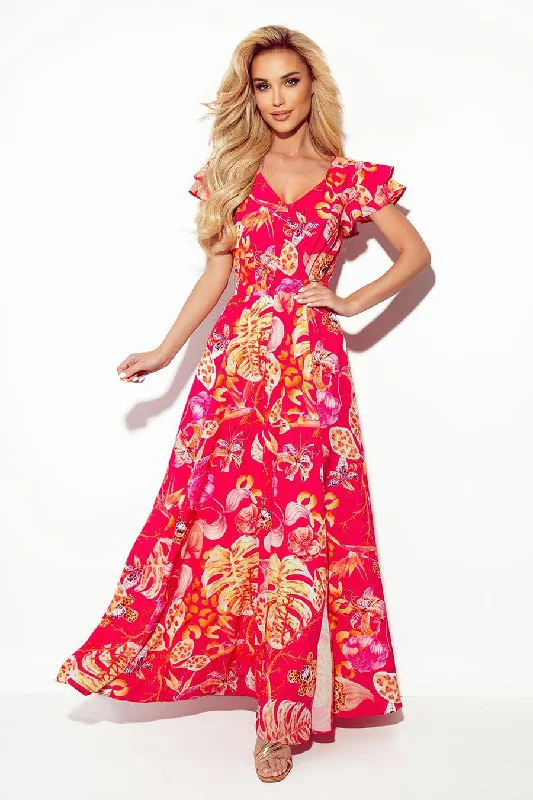 boho-chic dressNumoco 310-4 LIDIA long dress with neckline and frills - pink with flowers