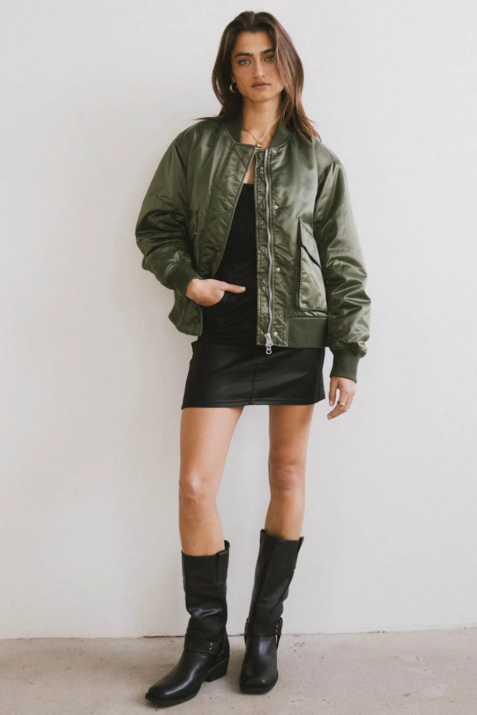 lightweight coatRylee Satin Bomber Jacket in Green - FINAL SALE