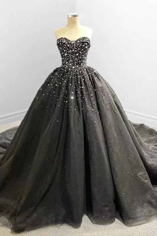 chic slip dressStrapless Black Sweetheart Tulle Quinceanera Dresses with Diamonds