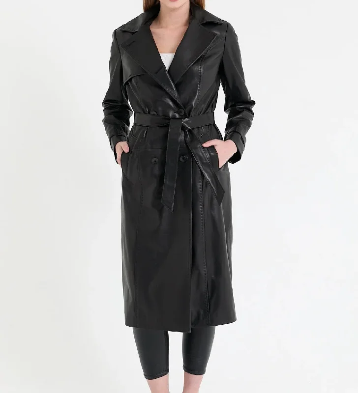 classic zip-up coatWomen's Black Real Leather Trench Long Overcoat