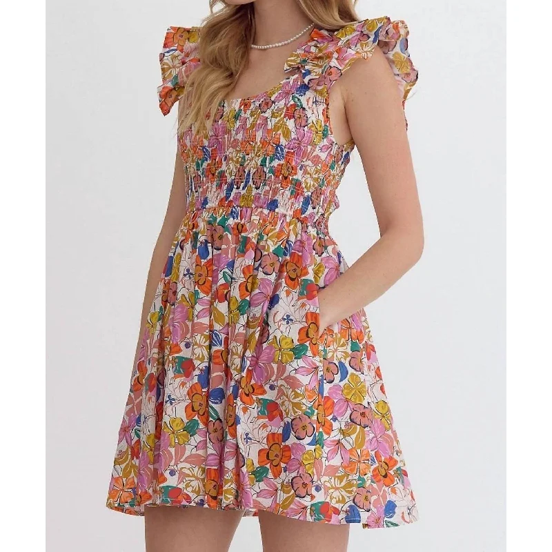 puff sleeve dressEntro - Blooming Beauty Mini Dress With Ruffle Detail And Smocked Bodice