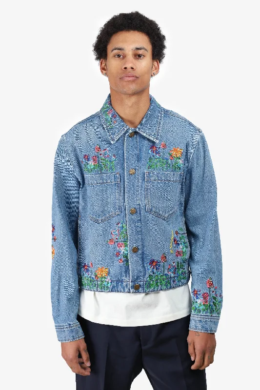 street style coatLouis Vuitton Blue Floral Embroidered Denim Jacket Size 46 Mens