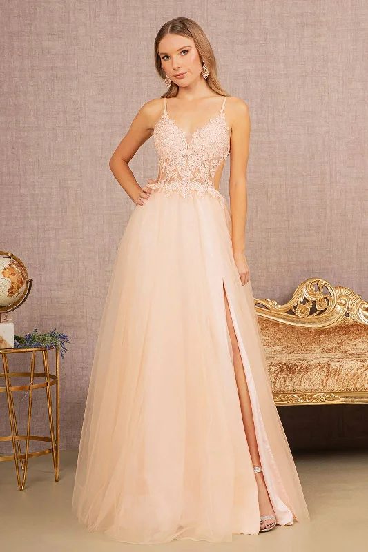 stylish party dressFlower Applique Sheer Front Cut-out Side Mesh A-line Long Prom Dress GLGL3152