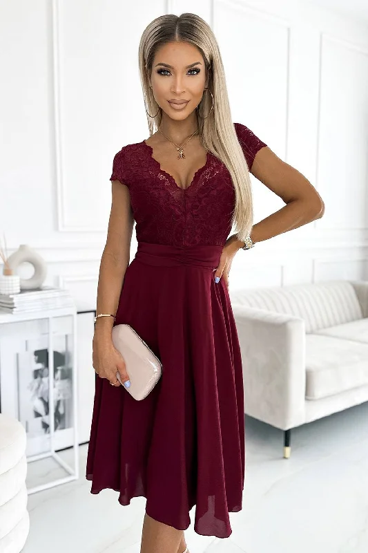 spaghetti strap dressNumoco 381-5 LINDA - chiffon dress with lace neckline - Burgundy color