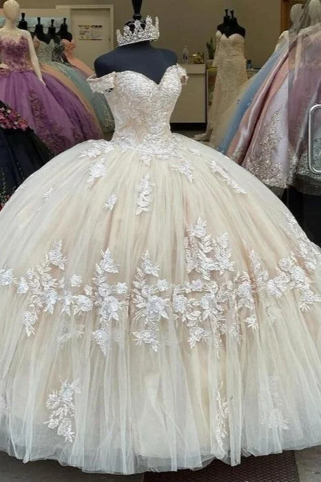 silk dressChampagne Sweetheart Appliques Off The Shoulder Quinceanera Dress