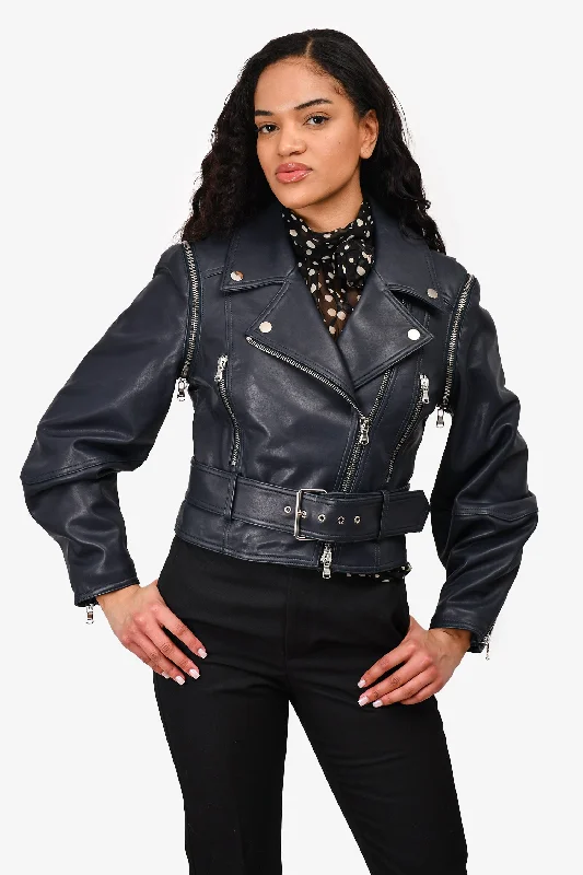 chic padded coatVeronica Beard Blue 'Dylan' Leather Jacket With Detachable Sleeves Size 8