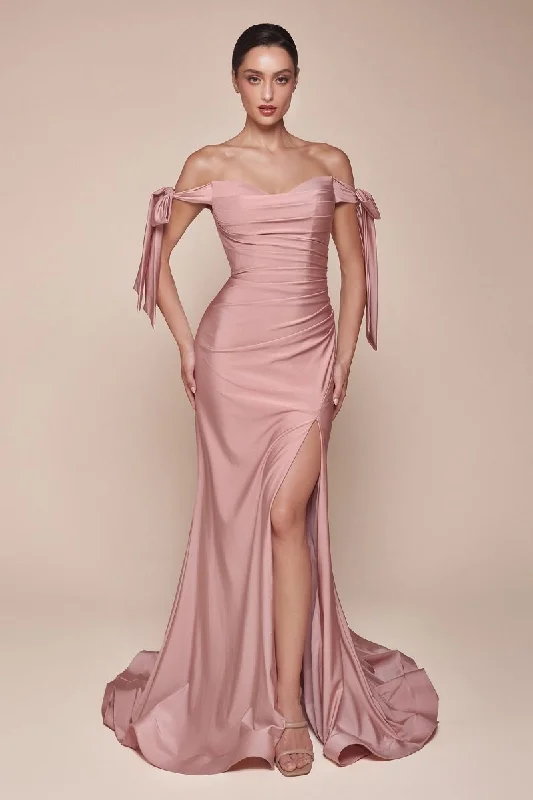 sleek midi dressStretch Jersey Gathered Off or On Shoulder Bodice Leg Slit Long Prom & Bridesmaid Dress CDCD943