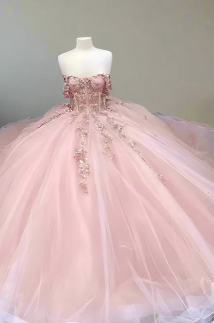 playful dressStrapless Sleeveless Pink Tulle Appliques Ball Gown Quinceanera Dresses