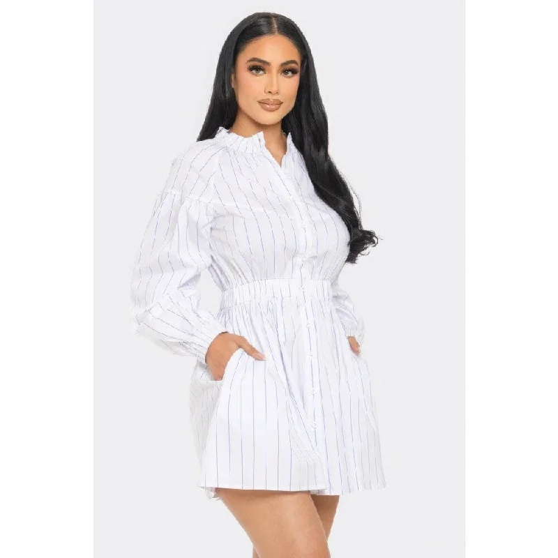 fitted dressWhite Striped Mini Dress with Long Sleeves and Playful Dolphin Hem