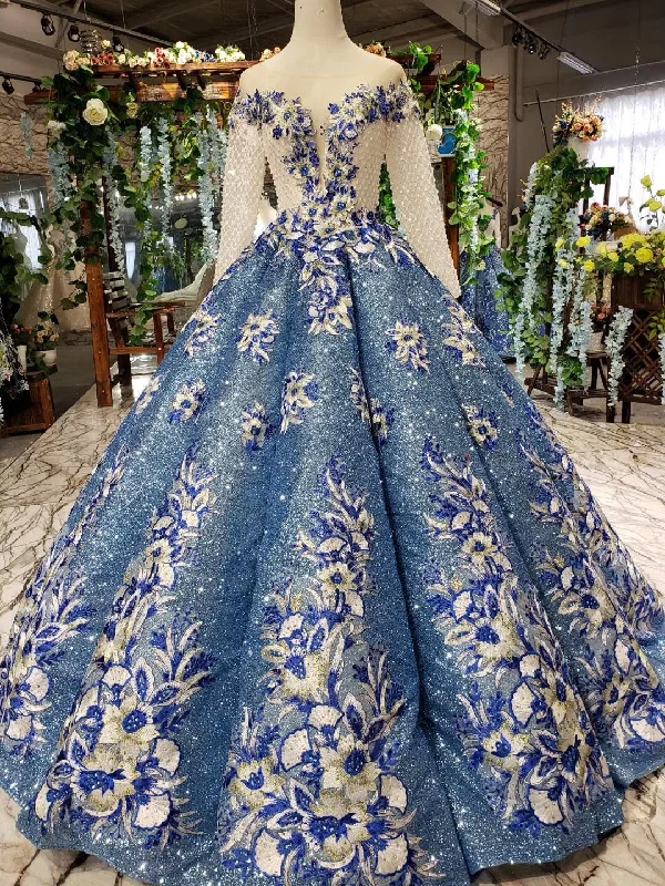 bohemian dressGlitter Beaded Appliques Long Sleeves Blue Ball Gown Quinceanera Gown OP720