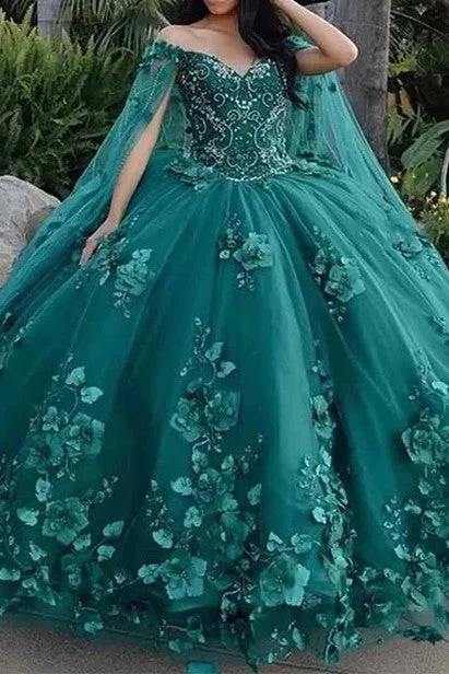 evening dressGorgeous Off The Shoulder Dark Green Ball Gown with Flower Appliques