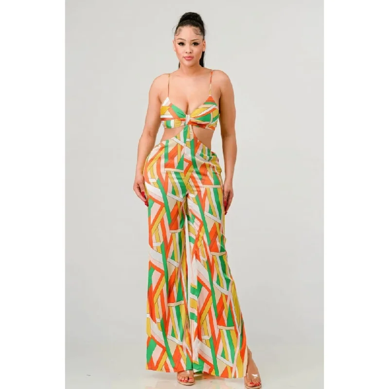 form-fitting dressLuxe geo print satin bra top and palazzo jumpsuit