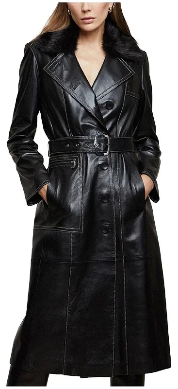 faux fur coatWomen's Black Real Leather Trench Long Overcoat