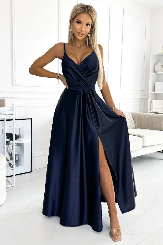 cocktail party dressNumoco 512-2 JULIET elegant long satin dress with a neckline - navy blue