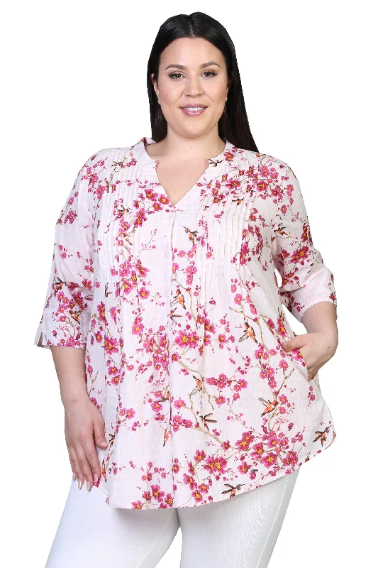 trendy bodycon dressPleat Front Floral Print Cotton Top - Plus Size