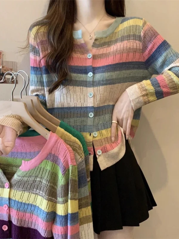 trendy bomber coatPlus size women's design rainbow patchwork striped T-shirt trendy     S3425