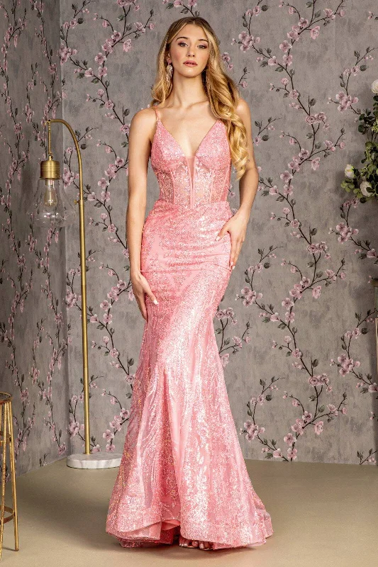 form-fitting dressGlitter Sequin Sheer Corset Bodice Mesh Mermaid Long Evening Dress GLGL3201