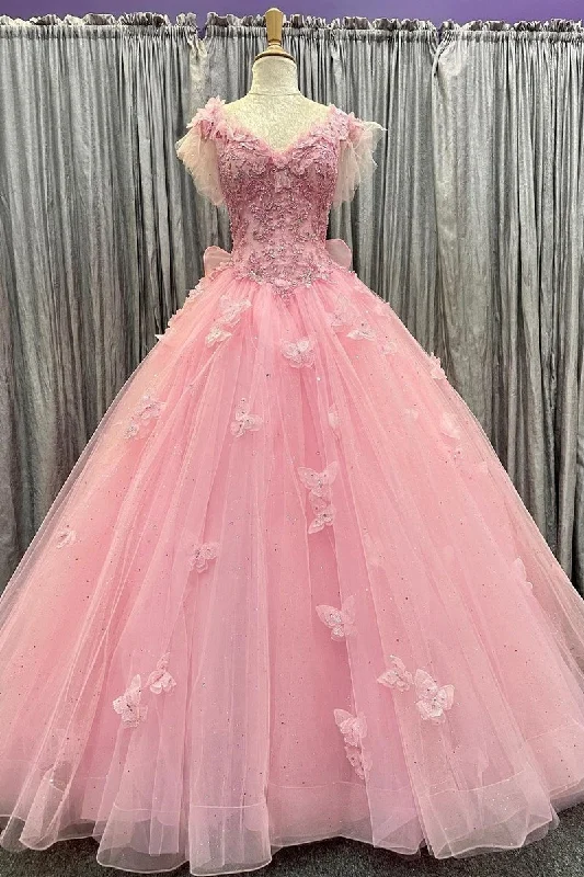 ashionable dressFlutter Sleeves Pink Tulle Ball Gown with Butterfly Appliques