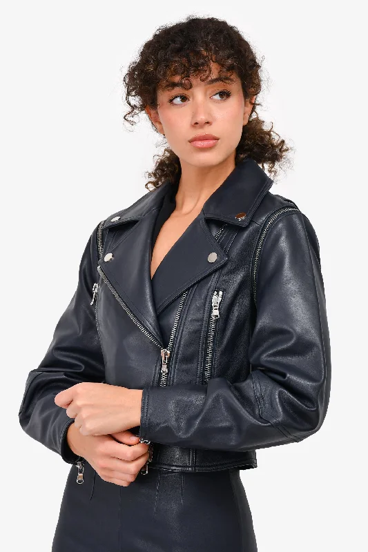 windproof jacketVeronica Beard Blue 'Dylan' Leather Jacket with Detachable Sleeves Size 0