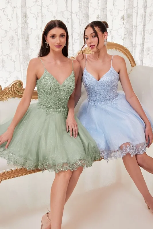 boho dressSpaghetti Straps A-Line Lace Tulle Shord Cocktail & Homecoming Dress CDCD0213