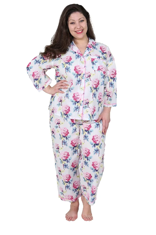 satin dressLa Cera Floral 3/4 Sleeve Cotton Pajama Set  - Plus Size