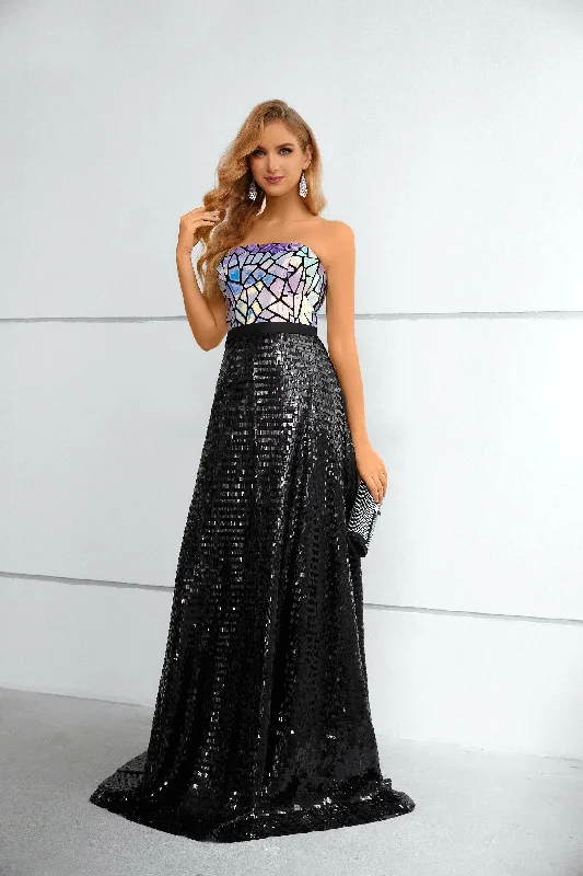 lace dressA-Line Strapless Sleeveless Long Prom Dress With Sequins