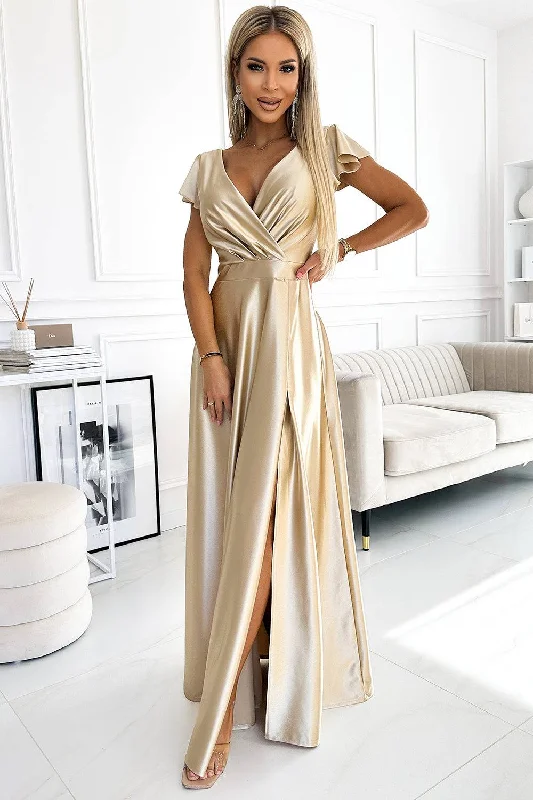 romantic dressNumoco 411-7 CRYSTAL satin long dress with a neckline - gold