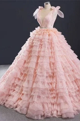 casual slip dressPink Layered Ball Gown Sleeveless Quinceanera Dress with Bowknot