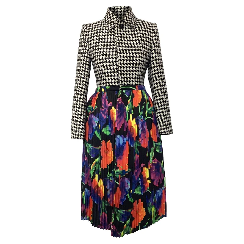 Balenciaga Houndstooth with Floral Pleated Skirt in Multicolor Wool