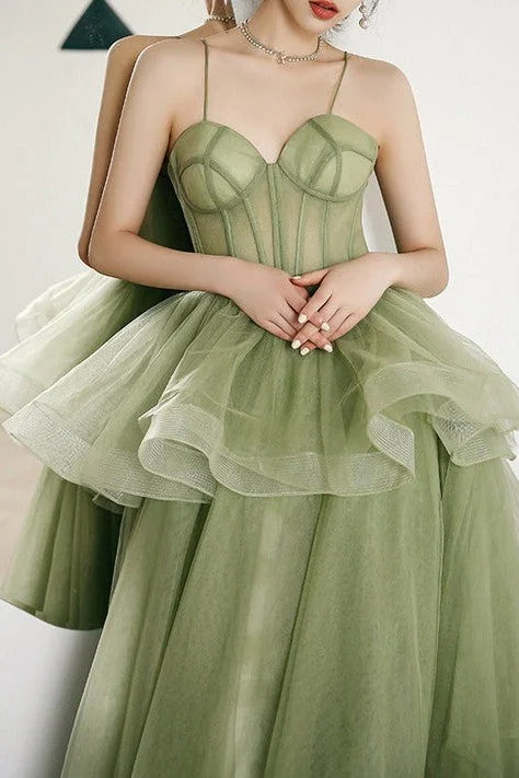 tiered dressSpaghetti Straps Sleeveless Dusty Sage Ball Gown