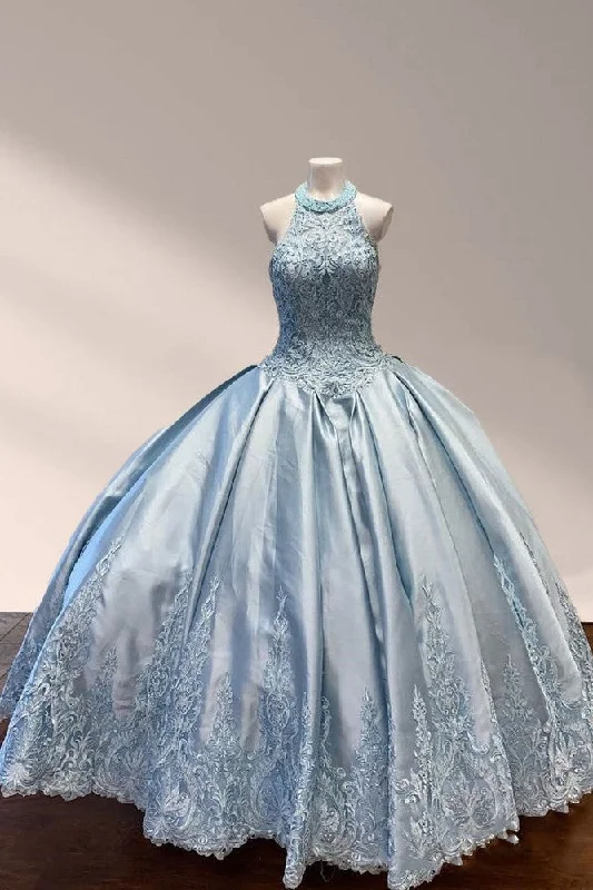 evening dressHalter Beading Sky Blue Satin Sleeveless Quinceanera Dresses