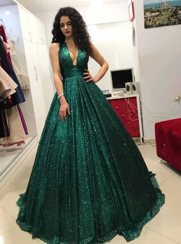 classic fit-and-flare dressSparkly Sequins Ball Gown Dark Green V-neck Prom Dress OP724