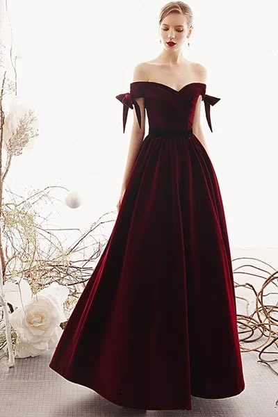 chic wrap dressCharming Off The Shoulder Long A-line Burgundy Velvet Bridesmaid Dresses