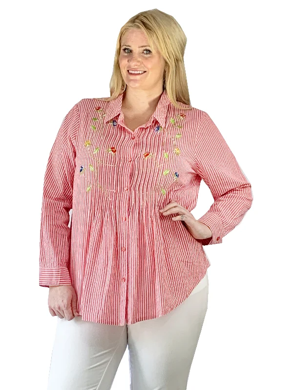 fitted dressSeersucker Embroidered Button Front Shirt - Plus Size