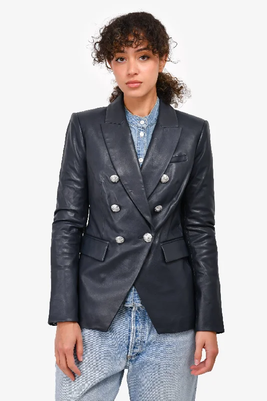 fashion coat with hoodVeronica Beard Navy Leather Double Breasted 'Dickey' Blazer Size 6