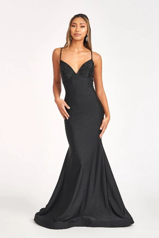 v-neck dressBeads Embellished Jersey Mermaid w/ Strap Lace-up Back Long Prom Dress GLGL3035