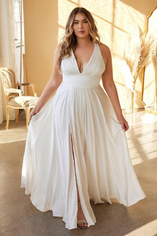 pleated dressPlus Size A-Line Curvy Fitted Bodice V-Neck Long Wedding Dress CD7469WW