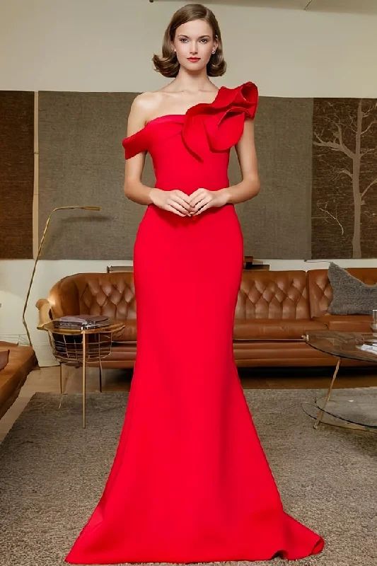 sleek dressRed Mermaid Sleeveless Prom Dress One Shoulder Long Party Dress