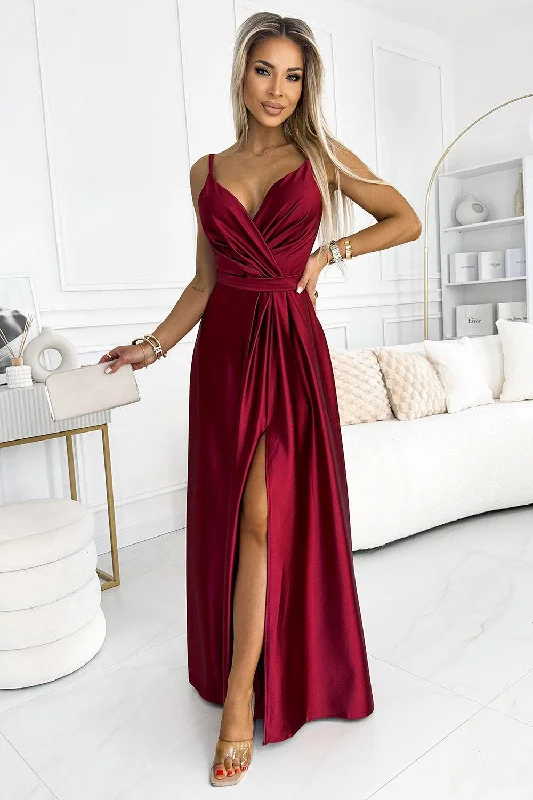 classic fit-and-flare dressNumoco 512-6 JULIET elegant long satin dress with a neckline and leg slit - Burgundy color